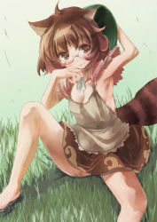 Rule 34 | 1girl, animal ears, arm up, armpits, bare shoulders, breasts, brown eyes, brown hair, futatsuiwa mamizou, glasses, looking at viewer, raccoon ears, raccoon tail, sandals, short hair, skirt, small breasts, smile, solo, tail, tank top, touhou, white-framed eyewear, yohane