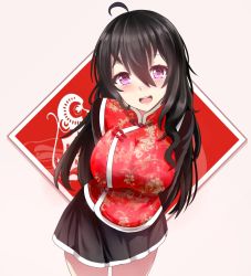 Rule 34 | 1girl, :d, ahoge, bad id, bad pixiv id, beifeng han, black skirt, blush, breasts, chinese clothes, commentary request, female focus, floral print, hair between eyes, large breasts, leaning forward, long hair, looking at viewer, miniskirt, miyaura sanshio, new year, open mouth, original, purple eyes, skirt, smile, solo, wavy hair