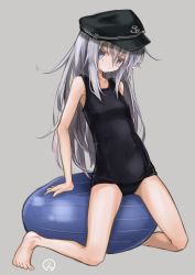 Rule 34 | 1girl, black one-piece swimsuit, blue eyes, commentary request, competition swimsuit, green hair, hat, hibiki (kancolle), highres, kantai collection, lit ter, long hair, one-piece swimsuit, school swimsuit, solo, swimsuit, thighs