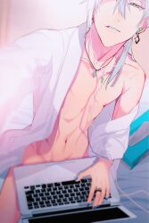 Rule 34 | 1boy, abs, blue nails, bottomless, computer, earphones, earrings, grey eyes, hair between eyes, highres, idolish7, jewelry, laptop, looking at viewer, low ponytail, male focus, mole, mole under eye, nail polish, necklace, nipples, on bed, parted lips, re:vale, rinunu, selfie, single bare shoulder, single earring, single sidelock, sitting, solo, teeth, tissue box, upper body, upper teeth only, white bathrobe, white hair, yuki (idolish7)