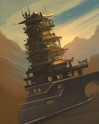 Rule 34 | architecture, bridge, building, concept art, dutch angle, earthrise (game), lowres, mountain, no humans, outdoors, pagoda, scenery, water