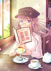 Rule 34 | 1girl, blue sky, blurry, blurry background, blush, book, bookshelf, brown hat, chair, commentary request, covering own mouth, cup, day, dress, elbows on table, flat cap, food, hair blowing, hat, highres, holding, holding menu, indoors, lace sleeves, light purple hair, looking at viewer, looking over eyewear, medium hair, menu, open window, original, own hands together, pechi (peeechika), petals, pinafore dress, pink dress, plate, pudding, purple eyes, restaurant, saucer, see-through, see-through sleeves, sitting, sky, sleeveless, sleeveless dress, solo, spoon, table, tareme, teacup, teapot, tree, wind, window, yellow-framed eyewear