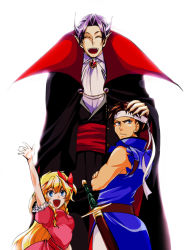 Rule 34 | 1girl, 2boys, bad id, bad pixiv id, belt, blonde hair, blue eyes, bow, breasts, brown hair, cape, castlevania (series), castlevania: rondo of blood, crossed arms, dracula, dracula (castlevania), dress, closed eyes, formal, hair bow, hair ribbon, jacket, k4m, long hair, maria renard, multiple boys, open mouth, pants, purple hair, ribbon, richter belmont, short hair, small breasts, smile, suit, sword, weapon, aged down