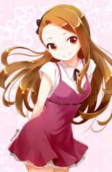 Rule 34 | 1girl, 2015, brown eyes, brown hair, dated, dress, gradient background, heart, heart background, idolmaster, idolmaster (classic), long hair, minase iori, nagian, red dress, ribbon-trimmed clothes, ribbon trim, smile, solo