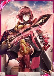 Rule 34 | 1girl, akkijin, armor, boots, breasts, brown hair, cape, card (medium), cloud, cloudy sky, dawn, energy sword, holding, holding sword, holding weapon, injury, knight, looking at viewer, medium breasts, official art, outdoors, red cape, shinkai no valkyrie, short hair, sky, sword, weapon, yellow eyes