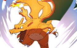Rule 34 | blurry, charizard, claws, creatures (company), fangs, flame-tipped tail, furrowed brow, game freak, gen 1 pokemon, horns, morio (poke orio), nintendo, no humans, open mouth, pokemon, pokemon (creature), solo, tongue, white background