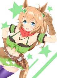 Rule 34 | 1girl, absurdres, animal ears, arm up, armpits, bandana, bandeau, bare shoulders, belt, blue eyes, blush, breasts, brown belt, brown gloves, cleavage, commentary request, detached sleeves, dutch angle, gloves, green bandeau, green skirt, gun, gurukorian, hair between eyes, hair ornament, handgun, highres, holstered, horse ears, horse girl, horse tail, large breasts, looking at viewer, medium hair, midriff, navel, ponytail, purple thighhighs, red bandana, revolver, short sleeves, simple background, skirt, solo, star (symbol), star hair ornament, taiki shuttle (umamusume), tail, thighhighs, umamusume, waving, weapon, white background