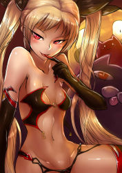 Rule 34 | 1girl, :p, black gloves, blazblue, blonde hair, bow, breasts, elbow gloves, finger to mouth, gii, gloves, groin, hair bow, highres, ichigai (hayawossan), long hair, looking at viewer, nago, naughty face, navel, rachel alucard, red eyes, slit pupils, small breasts, smile, tongue, tongue out, twintails, very long hair