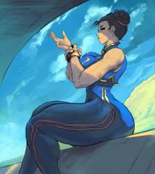 Rule 34 | 1girl, alternate costume, arms up, bare shoulders, breasts, brown hair, capcom, chun-li, cloud, curvy, cutesexyrobutts, day, double bun, female focus, hair bun, hip focus, large breasts, lips, looking at viewer, looking to the side, short hair, single hair bun, sitting, sky, solo, spiked gauntlets, street fighter, thick thighs, thighs, tumblr username, wide hips