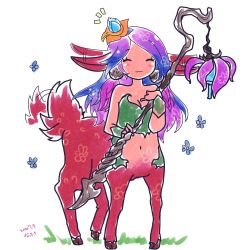 Rule 34 | 1girl, :3, breasts, centaur, league of legends, lillia (league of legends), pointy ears, purple hair, reindeer girl, staff, tail, taur