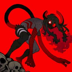 Rule 34 | androgynous, black hair, chimera, colored skin, grey skin, highres, horns, hunched over, jaw, long arms, long hair, looking at viewer, red background, red eyes, red theme, ringed eyes, simple background, skull, solo, striped, striped skin, tail, wide-eyed, zone luch