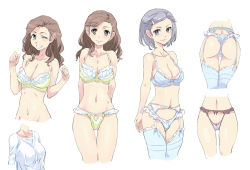 Rule 34 | 2girls, ;), arms behind back, ass, blouse, blue bra, blue panties, blue thighhighs, bow, bow bra, bow panties, bra, breasts, brown eyes, brown hair, character cutout, cleavage, clenched hands, closed mouth, cropped arms, cropped legs, cropped torso, earrings, frilled bra, frilled legwear, frilled panties, frills, garter belt, grey hair, grin, hair ornament, hairclip, highleg, highleg panties, jewelry, lingerie, long sleeves, looking at viewer, matsumoto noriyuki, medium breasts, medium hair, multiple girls, multiple views, navel, one eye closed, original, panties, panties over garter belt, shirt, short hair, simple background, smile, standing, string panties, stud earrings, swept bangs, thigh gap, thighhighs, thong, underwear, underwear only, w arms, white background, white shirt, yellow bra