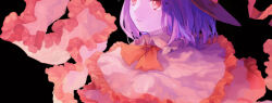Rule 34 | 1girl, black background, bright pupils, capelet, chinese commentary, closed mouth, collared shirt, commentary request, frilled capelet, frills, kouzidaren, medium hair, nagae iku, neck ribbon, purple hair, red eyes, red ribbon, ribbon, shirt, simple background, solo, touhou, white capelet, white pupils, white shirt
