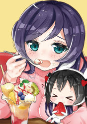 Rule 34 | &gt; &lt;, 10s, 2girls, :3, animal costume, aqua eyes, black hair, blueberry, blush, bow, chibi, closed eyes, eating, food, food on face, fruit, hair bow, holding, holding spoon, kiwi (fruit), looking at viewer, love live!, love live! school idol project, mini person, minigirl, multiple girls, ofuton (2525ofuton), open mouth, parfait, purple hair, rabbit costume, spoon, strawberry, sweater, tojo nozomi, twintails, x3, yazawa nico