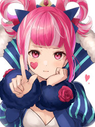 Rule 34 | 1girl, breasts, cleavage, expressionless, facial mark, fire emblem, fire emblem engage, flower, hair rings, hand on own cheek, hand on own face, haru (nakajou-28), heart, heart facial mark, heart on cheek, highres, hortensia (fire emblem), looking at viewer, multicolored hair, nintendo, pink eyes, pink hair, pointing, pointing at viewer, rose, simple background, small breasts, solo, streaked hair, upper body, white background, white hair