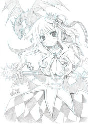 Rule 34 | 1girl, blush, breasts, capelet, commentary request, copyright request, crown, dated, dragon, graphite (medium), greyscale, hair between eyes, hand on own hip, holding, holding staff, large breasts, long hair, looking at viewer, mechanical pencil, mini crown, monochrome, pencil, ryuuga shou, signature, simple background, smile, staff, traditional media, white background
