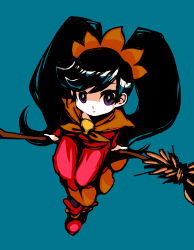 Rule 34 | 1girl, ashley (warioware), black hair, blue background, broom, broom riding, female focus, highres, long hair, nintendo, purple eyes, simple background, sitting, solo, tsui ni tsuin, twintails, warioware, witch