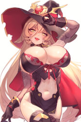 Rule 34 | 1girl, black gloves, black hat, black thighhighs, blonde hair, blush, breasts, cleavage, clothing cutout, cowboy shot, fang, gloves, hair between eyes, hand up, hat, highres, large breasts, large hat, long hair, looking at viewer, navel, navel cutout, nijisanji, nui sociere, nui sociere (1st costume), open mouth, simple background, skin fang, smile, solo, thighhighs, ubo (ubo tales), virtual youtuber, white background, witch hat, yellow eyes
