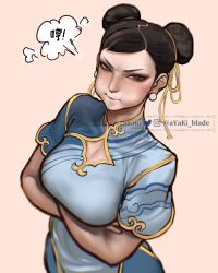 Rule 34 | 1girl, ayaki blade, breasts, brown hair, capcom, chun-li, crossed arms, earrings, highres, jewelry, looking at viewer, medium breasts, pout, simple background, solo, street fighter, twitter logo