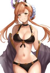 Rule 34 | &gt;:), 1girl, aqua (popogori), bare shoulders, bikini, black bikini, black choker, black hairband, blush, braid, breasts, choker, cleavage, closed mouth, collarbone, commentary request, cowboy shot, flower, granblue fantasy, green eyes, hair flower, hair ornament, hairband, long hair, looking at viewer, medium breasts, navel, open clothes, see-through, sidelocks, simple background, smile, solo, stomach, swimsuit, thigh gap, tweyen (granblue fantasy), white background