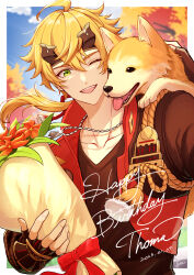 Rule 34 | 1boy, ;d, ahoge, animal, animal on shoulder, arm up, black gloves, black shirt, blonde hair, blue sky, blurry, blurry background, blush, border, bouquet, bow, character name, cloud, collarbone, commentary request, cropped jacket, dated, day, dog, dog tags, english text, eyelashes, fake horns, fingerless gloves, floating hair, flower, genshin impact, glint, gloves, green eyes, hair between eyes, happy birthday, headband, highres, himori yuhara, holding, holding bouquet, horned headwear, horns, jacket, jewelry, leaf, long hair, long sleeves, looking at viewer, low ponytail, male focus, necklace, one eye closed, open clothes, open jacket, open mouth, orange flower, outdoors, outside border, ponytail, red bow, red jacket, rope, shiba inu, shirt, sidelocks, signature, sky, smile, solo, tassel, teeth, thoma (genshin impact), tongue, tree, upper teeth only, white border