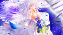 Rule 34 | 1girl, absurdres, azur lane, bare shoulders, belfast (azur lane), belfast (the pledge of claddagh) (azur lane), bouquet, braid, breasts, bridal veil, bride, chain, cleavage, dress, flower, french braid, from above, gold chain, highres, holding, holding bouquet, huge breasts, long dress, long hair, looking at viewer, looking up, official alternate costume, petals, purple eyes, purple flower, see-through, see-through dress, silver collar, smile, solo, strapless, strapless dress, v arms, veil, wedding dress, wesaki leona, white flower, white hair