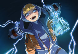 Rule 34 | 1girl, :d, animification, apex legends, arm at side, artist name, backpack, bag, blonde hair, blue eyes, blunt bangs, bodysuit, breasts, brown jacket, bungaw, commentary, cropped jacket, drawstring, dutch angle, electricity, electrokinesis, foreshortening, hand up, highres, hood, hooded bodysuit, jacket, lichtenberg figure, long sleeves, looking at viewer, open clothes, open jacket, open mouth, pointing, pointing at viewer, short hair, smile, solo, teeth, thigh strap, unzipped, watermark, wattson (apex legends), web address, zipper