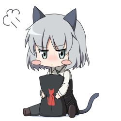 Rule 34 | 1girl, animal ears, bad id, bad pixiv id, blush stickers, cat ears, cat tail, chibi, green eyes, grey hair, highres, military, military uniform, norayinu, pantyhose, pillow, sanya v. litvyak, sitting, solo, strike witches, tail, uniform, world witches series