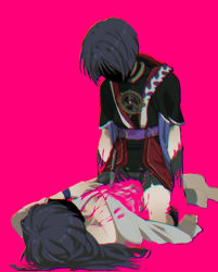 Rule 34 | 1220 (fowlr), 2boys, alternate hair length, alternate hairstyle, black shirt, blood, blood on clothes, blouse, blue hair, chromatic aberration, collarbone, corpse, death, fictional persona, genshin impact, japanese clothes, kimono, knife, long hair, looking down, lying, male focus, multiple boys, murder, o-ring, obi, pink background, sash, scaramouche (genshin impact), shaded face, shirt, short sleeves, shorts, simple background, sitting, sitting on person, stab, suicide, white kimono