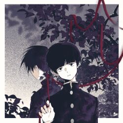 2boys border bowl_cut brothers closed_mouth commentary gakuran greyscale haoyueqianli711 head_tilt highres jacket kageyama_ritsu kageyama_shigeo male_focus mob_psycho_100 monochrome multiple_boys outside_border plant school_uniform short_hair siblings spot_color string string_of_fate upper_body white_border