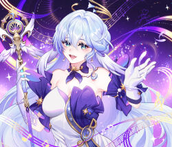 Rule 34 | 1girl, :d, aqua eyes, bare shoulders, bead bracelet, beads, blue hair, bracelet, breasts, choker, cleavage, detached sleeves, dress, earrings, fevermoun, gloves, hair intakes, hands up, highres, holding, holding staff, honkai: star rail, honkai (series), jewelry, long hair, looking at viewer, medium breasts, open mouth, purple choker, robin (honkai: star rail), short sleeves, smile, solo, staff, strapless, strapless dress, upper body, very long hair, white gloves