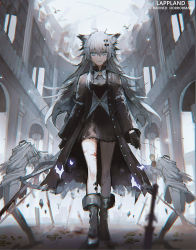Rule 34 | 1girl, animal ears, arknights, bad id, bad pixiv id, black coat, black dress, black footwear, blue eyes, boots, character name, coat, commentary, dress, full body, hair ornament, hairclip, holding, holding sword, holding weapon, lappland (arknights), lappland (refined horrormare) (arknights), lococo:p, looking at viewer, material growth, messy hair, official alternate costume, oripathy lesion (arknights), solo, statue, sword, typo, walking, weapon, white hair, wolf ears