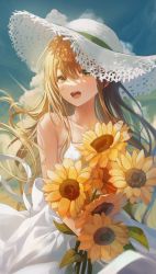 Rule 34 | 1girl, absurdres, bare shoulders, blonde hair, blunt bangs, blurry, cloud, collarbone, day, depth of field, dress, flower, green eyes, hair between eyes, hat, highres, holding, holding flower, light particles, long hair, looking at viewer, myowa, open mouth, original, outdoors, sky, solo, strapless, strapless dress, straw hat, sundress, sunflower, teeth, white dress, white hat
