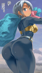 Rule 34 | 1girl, arched back, ass, belt, blue eyes, blush, bodystocking, bodysuit, breasts, dark skin, dragon quest, dragon quest iii, earrings, gloves, grey hair, hands up, highres, holding, holding sack, huge ass, imaichi, jewelry, looking at viewer, looking back, medium breasts, necklace, pearl earrings, pearl necklace, pink gloves, sack, short hair, solo, swept bangs, thick thighs, thief (dq3), thighs, translation request, white belt
