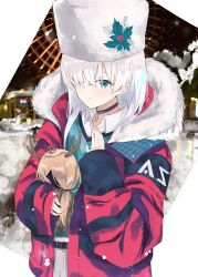 Rule 34 | 1girl, absurdres, anastasia (fate), anastasia (shvibzik snow) (fate), belt, blue eyes, blush, breasts, choker, collared shirt, doll, evening rabbit, fate/grand order, fate (series), fur collar, fur hat, hair over one eye, hat, highres, holding, holding doll, jacket, long hair, long sleeves, looking at viewer, medium breasts, red jacket, shirt, silver hair, skirt, snowing, solo, ushanka, viy (fate), white hat, white skirt