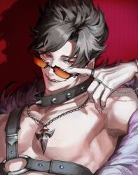 1boy absurdres adjusting_eyewear alternate_costume bare_shoulders belial_(granblue_fantasy) belial_(summer)_(granblue_fantasy) black-framed_eyewear black_collar black_hair black_straps chest_strap collar curtained_hair fangs feather_boa feathers fingernails granblue_fantasy hand_chains hand_up head_tilt highres jewelry looking_to_the_side male_focus mokimi necklace no_nipples official_alternate_costume open_mouth orange-tinted_eyewear pectorals red_background red_eyes ring shadow sharp_fingernails sideways_glance simple_background smile solo spiked_collar spiked_hair spikes tinted_eyewear toned toned_male upper_body white_feathers