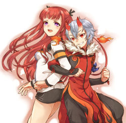 Rule 34 | 1boy, 1girl, :d, arca (summon night), arm guards, armband, back-to-back, belt, fire, fur collar, grin, horns, irouha, kagerou (summon night), locked arms, long hair, miniskirt, open mouth, purple eyes, red eyes, red hair, short hair, silver hair, skirt, smile, summon night, summon night 5, two side up