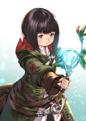 Rule 34 | 1girl, belt, black hair, blue eyes, closed mouth, facing viewer, final fantasy, final fantasy xiv, glowing, gradient background, green robe, holding, holding wand, lalafell, makimura shunsuke, pointy ears, robe, short hair, solo, standing, wand