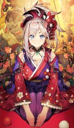 Rule 34 | 1girl, blue eyes, blush, breasts, check commentary, cleavage, collarbone, commentary, commentary request, craft essence (fate), detached sleeves, earrings, fate/grand order, fate (series), floral print, flower, hair flower, hair ornament, japanese clothes, jewelry, kimono, large breasts, light blush, looking at viewer, magatama, magatama necklace, miyamoto musashi (fate), miyamoto musashi (knowing the way broadly) (fate), necklace, obi, official art, ponytail, sash, seiza, silver hair, sitting, sleeveless, sleeveless kimono, smile, solo, toridamono