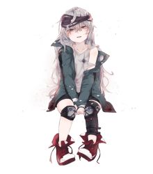Rule 34 | 1girl, ankle boots, between legs, blush, boots, brown eyes, clothing cutout, coat, collarbone, g11 (girls&#039; frontline), girls&#039; frontline, green coat, hair between eyes, hand between legs, hat, highres, image sample, ki lllorz, knee pads, leg strap, legs, long hair, looking at viewer, messy hair, open clothes, open coat, open mouth, petals, scarf, scarf on head, shirt, shorts, shoulder cutout, sidelocks, silver hair, simple background, sitting, smile, solo, thighhighs, twitter sample, very long hair, white background, white shirt