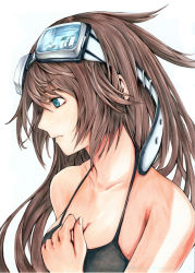 Rule 34 | 1girl, bad id, bad pixiv id, bare shoulders, blue eyes, breasts, brown hair, cleavage, collarbone, goggles, goggles on head, hand on own chest, highres, long hair, medium breasts, nr noir, original, profile, simple background, solo, traditional media