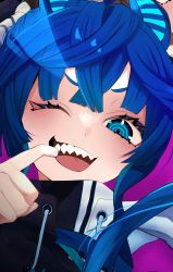 Rule 34 | 1girl, :d, animal ears, blue eyes, blue hair, close-up, crossed bangs, finger in own mouth, highres, horse ears, horse girl, jacket, looking at viewer, one eye closed, open mouth, portrait, purple background, ringed eyes, sharp teeth, smile, solo, teeth, toa510, twin turbo (umamusume), umamusume, upper teeth only