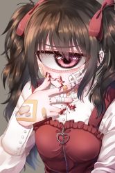 Rule 34 | 1girl, bandages, bandaid, bandaid on face, blood, brown hair, cyclops, dress, ear piercing, highres, lip piercing, long hair, nosebleed, one-eyed, piercing, pinafore dress, rapana (mntimcczgrtn), red eyes, sleeveless, sleeveless dress, tongue, tongue piercing, twintails, uneven twintails