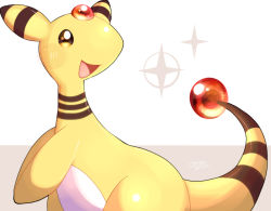 Rule 34 | :d, ampharos, blush stickers, brown eyes, commentary request, creatures (company), dated, game freak, gen 2 pokemon, heart, highres, looking back, nintendo, no humans, okoge (simokaji), open mouth, own hands together, pokemon, pokemon (creature), signature, smile, solo, sparkle, tongue, two-tone background