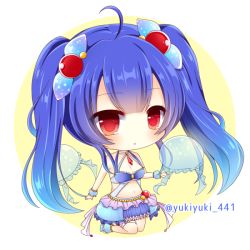 Rule 34 | 1girl, :o, ahoge, bare shoulders, blue hair, blue skirt, blush, breasts, chibi, cleavage, commentary request, frilled skirt, frills, full body, jellyfish, kneeling, long hair, looking at viewer, medium breasts, navel, noa (shironeko project), parted lips, pleated skirt, red eyes, shironeko project, sidelocks, skirt, solo, twintails, twitter username, two-tone background, very long hair, white background, yellow background, yukiyuki 441