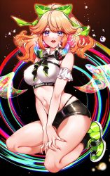 Rule 34 | 1girl, bike shorts, bow, breasts, cowboy shot, crop top, earrings, feather earrings, feathers, gradient hair, hair bow, headphones, headphones around neck, highres, hololive, hololive english, jewelry, kneeling, long hair, looking at viewer, mamaloni, medium breasts, midriff, multicolored hair, nail polish, navel, official alternate costume, open mouth, pink eyes, ponytail, ring, shiny clothes, solo, sparks, takanashi kiara, virtual youtuber