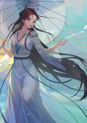 Rule 34 | 1girl, absurdres, black hair, blonde hair, blue eyes, breasts, brown hair, character request, chinese clothes, colored inner hair, crying, crying with eyes open, feet out of frame, floating hair, fog, glowing, hair flowing over, hair ornament, hair stick, hair strand, half updo, hanfu, highres, holding, holding umbrella, ichisaku, jade (gemstone), long hair, long sleeves, looking away, looking to the side, medium breasts, multicolored hair, oil-paper umbrella, outstretched arm, parted lips, red lips, ribbon, sash, see-through, solo, standing, tears, umbrella, very long hair, baishe: yuanqi, wide sleeves, wind