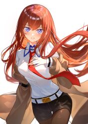 Rule 34 | absurdres, belt, black pantyhose, blue eyes, breasts, coat, hair behind ear, highres, long hair, makise kurisu, medium breasts, necktie, pantyhose, red hair, shirase rin, shirt, short shorts, shorts, smile, steins;gate, white background