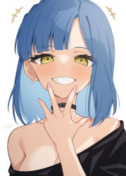 Rule 34 | 1girl, bare shoulders, binsen, black choker, black shirt, blue hair, blunt bangs, blush, breasts, choker, cleavage, earrings, flower earrings, grin, hand to own mouth, highres, idolmaster, idolmaster million live!, jewelry, looking at viewer, medium breasts, nanao yuriko, off-shoulder shirt, off shoulder, shirt, simple background, smile, solo, upper body, white background, yellow eyes