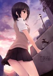 Rule 34 | 1girl, absurdres, aoyama sumika, black hair, brown eyes, coffee-kizoku, commentary, cowboy shot, dutch angle, from side, highres, lamppost, legs, looking away, original, outdoors, school uniform, short hair, sink, solo, sunset, water